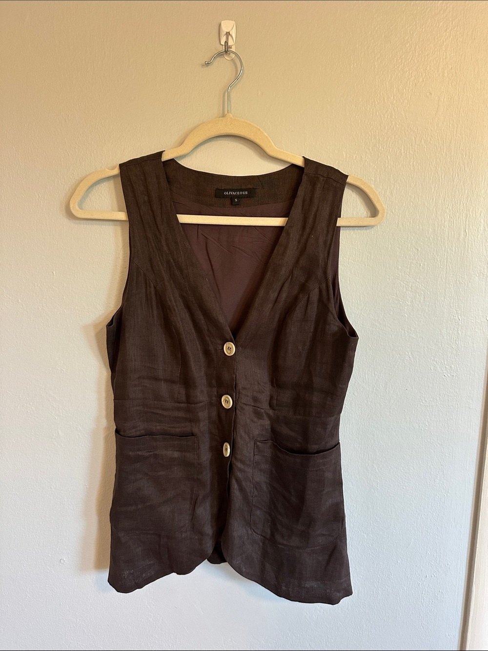 Olivaceous Dark Brown Sleeveless Button Front Linen Vest